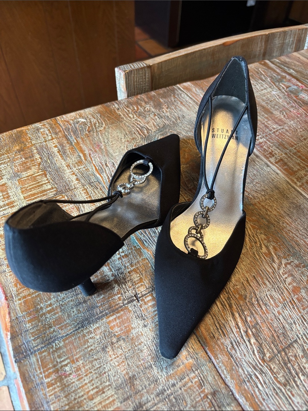 Stuart Weitzman Black Pointed Toe Chain-Detail Pumps